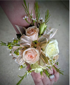 Pretty Pastels Prom Corsage with bow- Blush & white flowers with Peach bow
