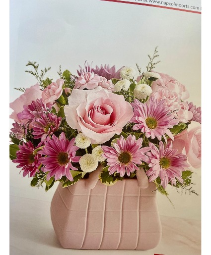 Pretty Pink Handbag Fresh arrangement in keepsake container