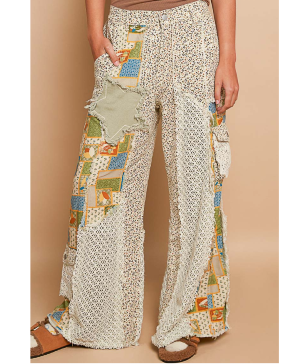 Printed Patchwork Detail Woven Twill Pants Clothing