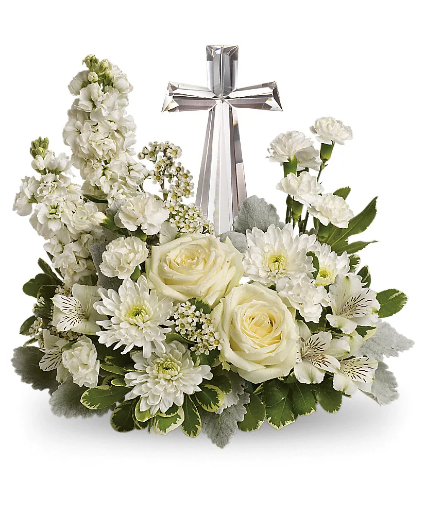 Profound Serenity Bouquet Floral Design with Crystal Cross Keepsake