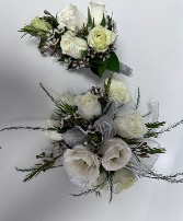 PROM 14- mini white roses with silver ribbon 