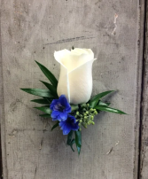 Prom Bout 11 White rose & delphinium (pick up only)