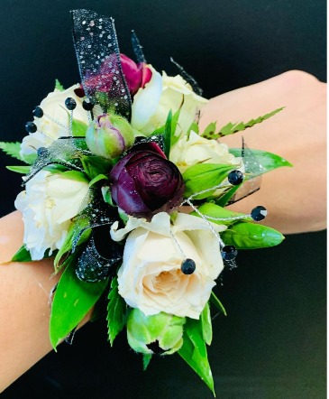 Prom Corsage  Black, White and Burgandy Corsage  in Tiffin, OH | Rose Leaf Flowers