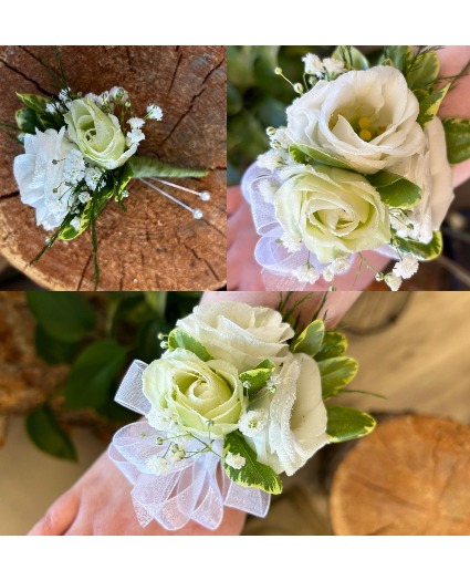 All White Assorted Flowers Wrist Corsage & Matching Boutonniere