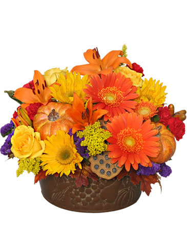 Pumpkin Gathering Autumn Arrangement in Albany, NY | Ambiance Florals & Events