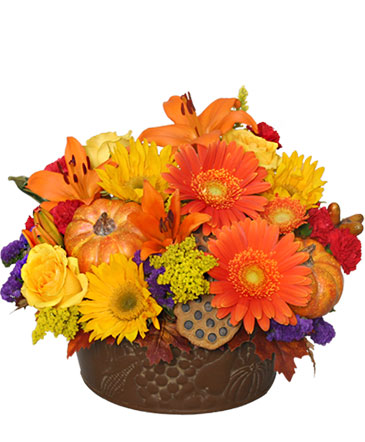 Pumpkin Gathering Autumn Arrangement in Castleton On Hudson, NY | BOUNTIFUL BLOOMS FLORIST