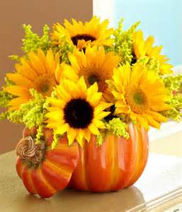 Pumpkin Patch Ceramic Pumpkin keepsake filled with Sunflowers