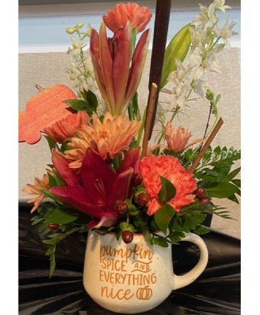 Pumpkin Spice Mug Fresh Flowers in Fowlerville, MI | ALETA'S FLOWER SHOP