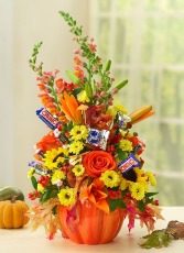 Pumpkins and Candy Flower Arrangemnet with Candy Accents