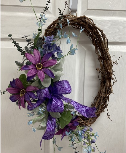 Purple and blue oval grapevine wreath Permanent botanical