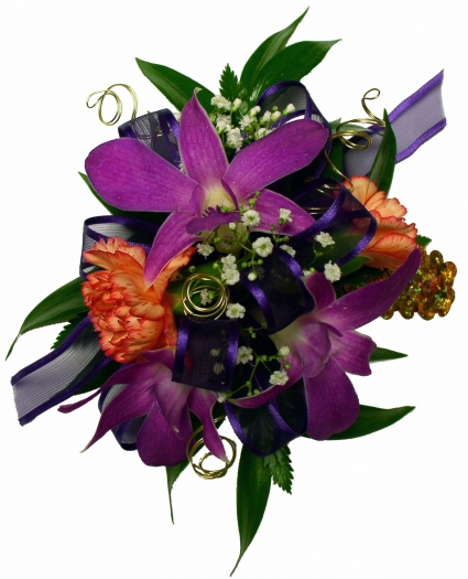 Purple Orchid, Orange Mini Carnations Wrist Corsage