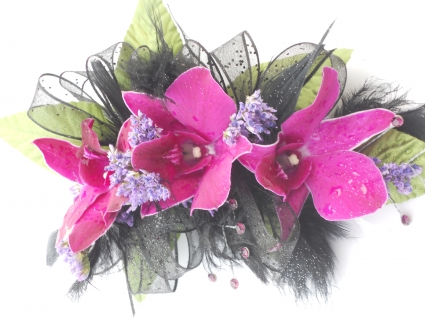 Purple Orchids, Hot Pink Rhinestones, Black Ribbon 