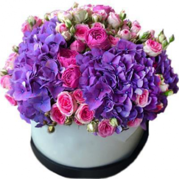 Purple passion Hydrangea And Rose Hat box.  in Ozone Park, NY | Heavenly Florist