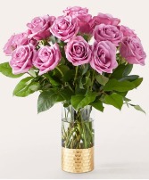 PURPLE ROSE BOUQUET LONG STEMMED PURPLED ROSES IN A GOLD DIPPED VASE