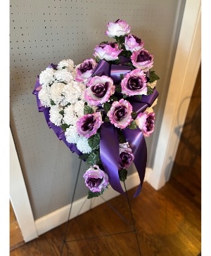 Purple silk heart standing spray 
