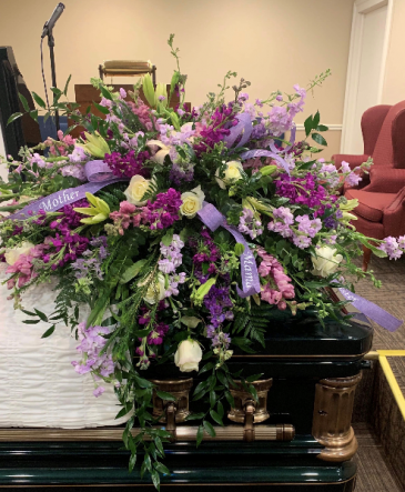Purples and Whites Casket Spray Sympathy in Grayson, KY | All That Bloomz