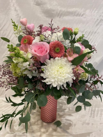 Queen of Hearts pink floral arrangement Valentine's Day