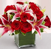 Elegant Embrace Red Rose and Lily Cube Roses