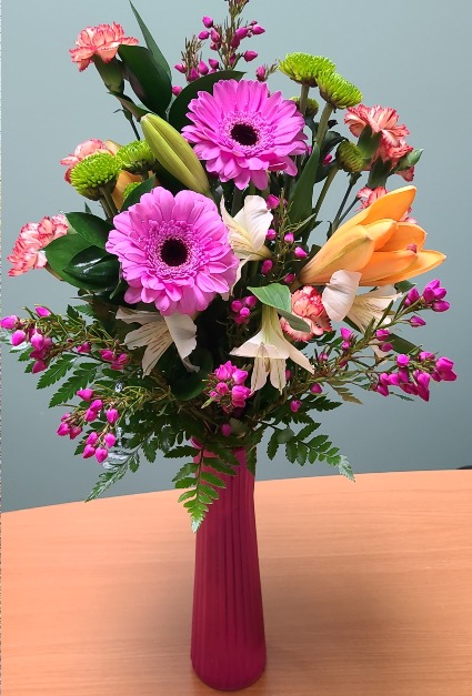 RAINBOW BRIGHT BOUQUET Gerbera Daisies & Other Gorgeous Flowers in Colored Vase