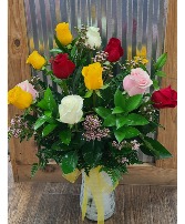 COLORFUL ROSE BOUQUET 1 Dozen Roses Arranged in Vase