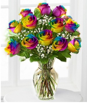 RSV12RBBB  AVAILABLE 2/8 -2/14  12 RAINBOW ROSES