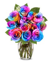 Rainbow Dozen Roses Rose Vase