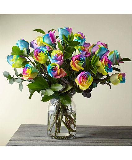Dozen Rainbow Roses in Vase Rose Arrangent