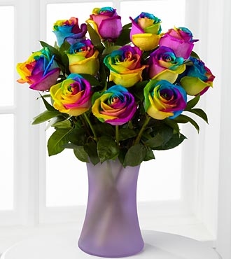 Rainbow Roses One dz in Vase Note: 3 DAY LEAD TIME