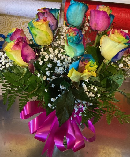 Rainbow roses Valentines arrengment 