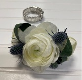Ranunculus and Thistle Corsage with Bracelet  only available in white