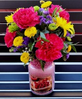 Raspberry Danish Fresh Floral & Candle Arrangement