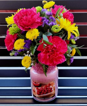 Raspberry Danish Fresh Floral & Candle Arrangement