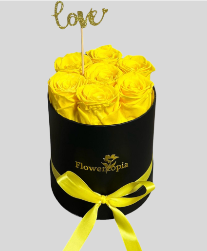 7 PRESERVED YELLOW ROSES IN A ROUND BOX PRESERVED ROSE BOX 