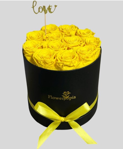 12 Preserved Yellow Roses in a Round Box Preserved Rose Box