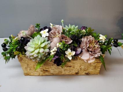 Rectangle birch with purple white and mauve(silk) With succulents (ARTIFICAL)