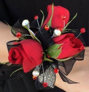 RED AND BLACK CORSAGE ELEGANT MIXTURE OF FLOWERS