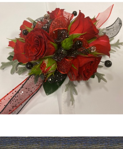Red and Black Quinn  wrist corsage