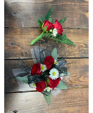 Red And Black Wrist corsage and Bout in Zimmerman, MN | Wild Dahlia Design Studio