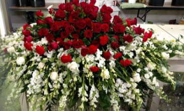 Red and White Casket Spray  in Bronx, NY | Bella's Flower Shop