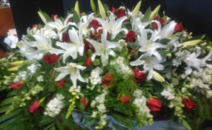 Red and White Casket Spray wWth White lilies Sympathy Tribute