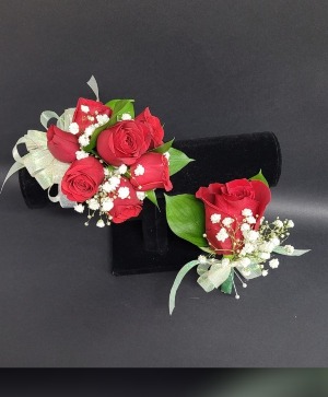 Red and white corsage and boutonniere set  Prom