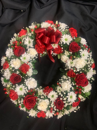 Red and White Fresh Sympathy Wreath in Red Lake, ON | FOREVER GREEN GIFT BOUTIQUE