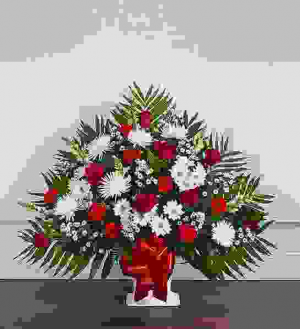 RED AND WHITE FUNERAL FLOOR BASKET 