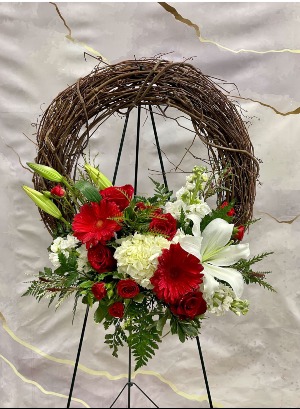 RED AND WHITE GRAPEVINE WREATH FUNERAL ARRANGEMENT