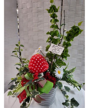 Red and white mushroom silk arrangement  