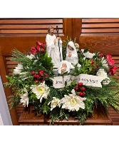 Red and White Nativity Table top arrangement with Nativity