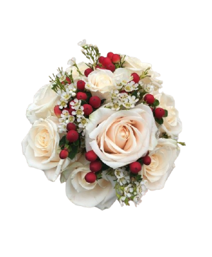 white with a pop of red  prom handheld bouquet 