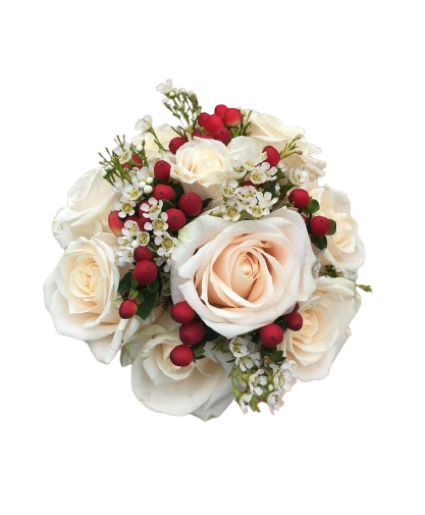 white with a pop of red  prom handheld bouquet