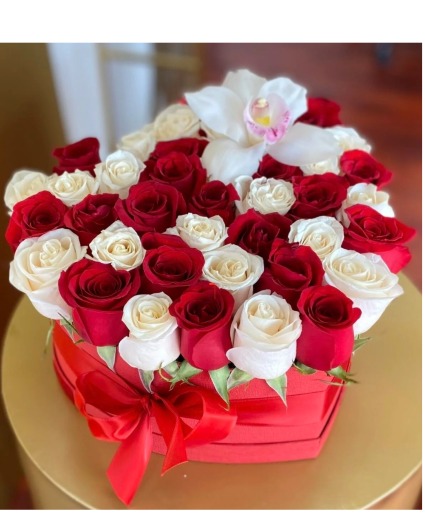 Red and white roses heart box Any occasion