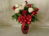Red and White Roses Vase Arrangement